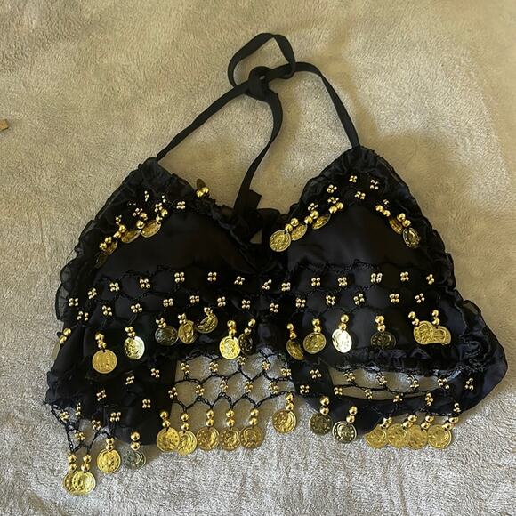 Tops - Belly Dancer Style Black and Gold Coin and Beaded Detail Bra Top Size Medium